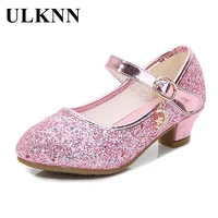ulknn kids high heel shoes girls leather shoes flower casual pink glitter children 2021 girls shoes butterfly knot size 26 38