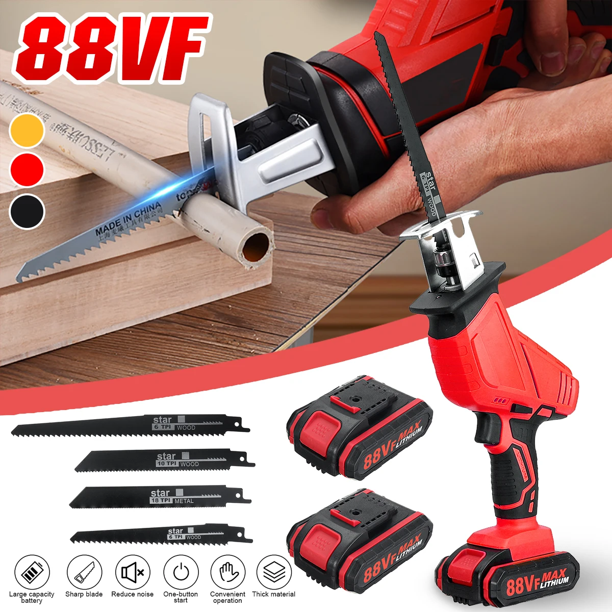 

100-240V Cordless Reciprocating Saw 4 Saw Blades Metal Cutting Wood Tool Portable Woodworking Cutters with 1/2 Batterys Charge