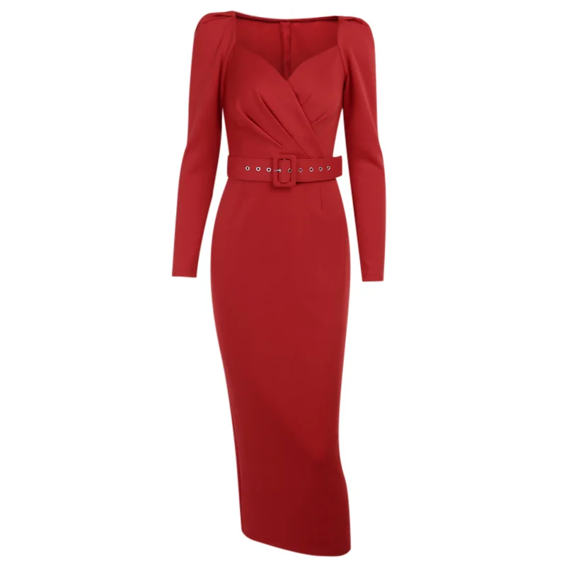 

Elegant Party Women's Slim V-Neck Long Sleeve Mid Calf Pencil Skirt 2020 Leisure Office Women's Solid Color Puff Sleeve