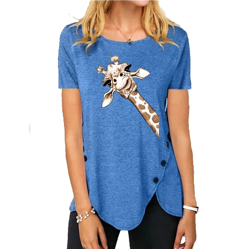 

Women Animal Printed Casual Cotton T-shirt Summer Short Sleeve O Neck Tees Plus Size Loose Irregular Buttons Ladies T shirt Tops