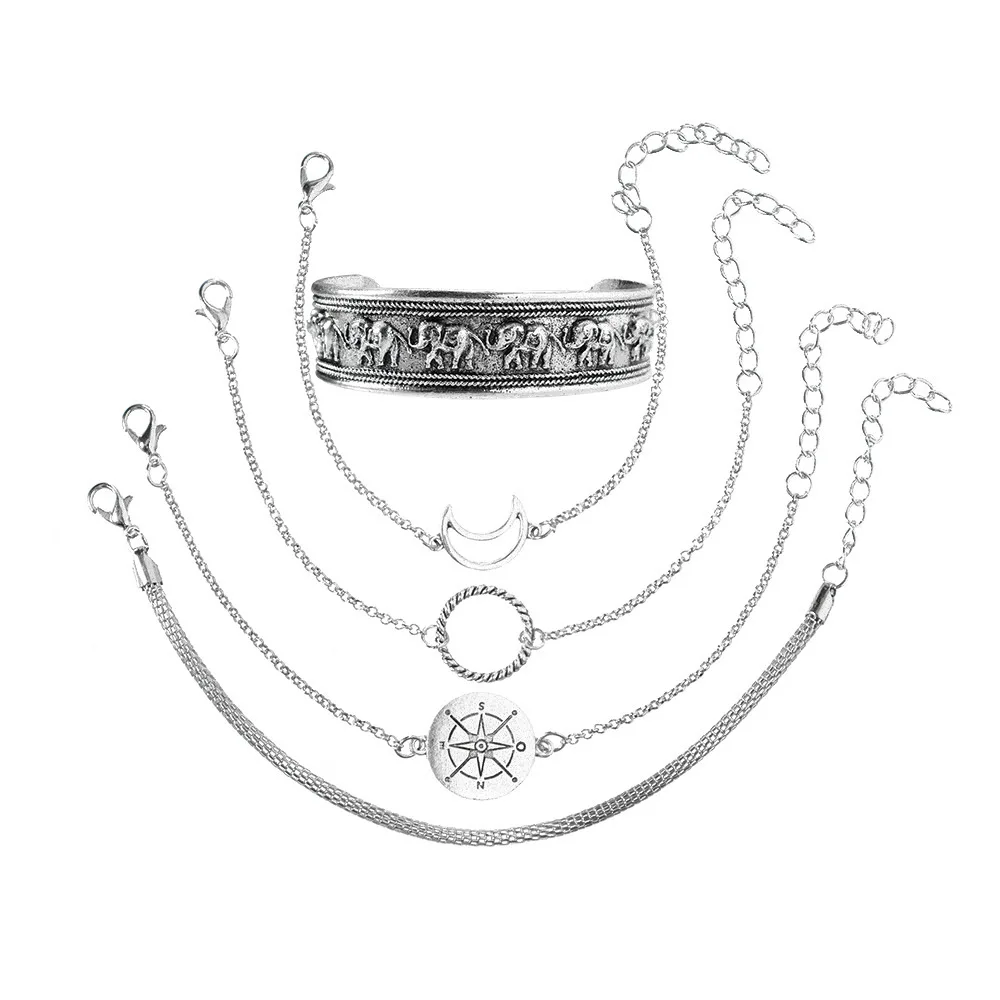 5pcs/Set Ancient Silver Color Retro Bangle Set For Women Elephant Totem Sun Moon Compass Charm Open Bracelet Vintage Jewelry images - 6