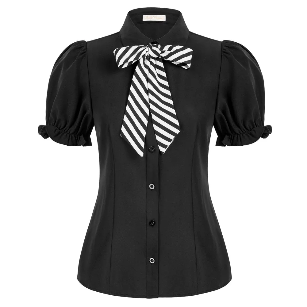

Women Bow-Knot Decorated Shirt Puffed Short Sleeve Button-up Tops OL Office Lady Elegant Blouses Steampunk Gothic Shirts Lady