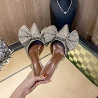 2020 new european station pointed bow sandals crystal all match ultra high thin heeled baotou slippers women