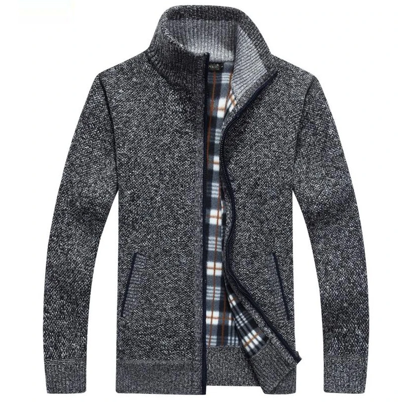 Мужской плотный теплый кардиган на молнии свитер со стоячим воротником и