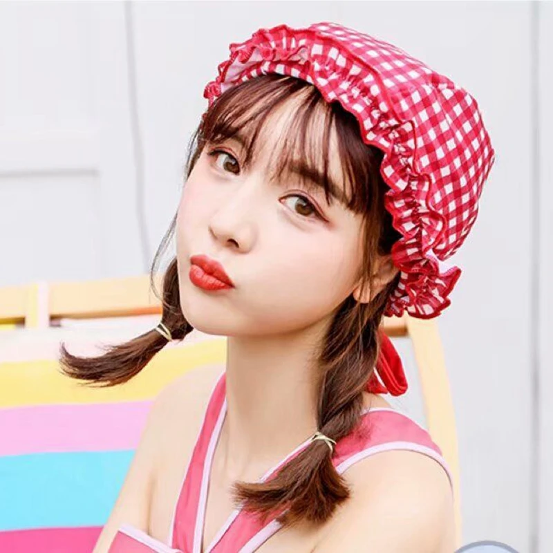 

Korean Style Swimming Cap Lovely Plaid Printed Pattern Colorful Women All-Match Elastic Outdoor Sports Accessories for Holiday
