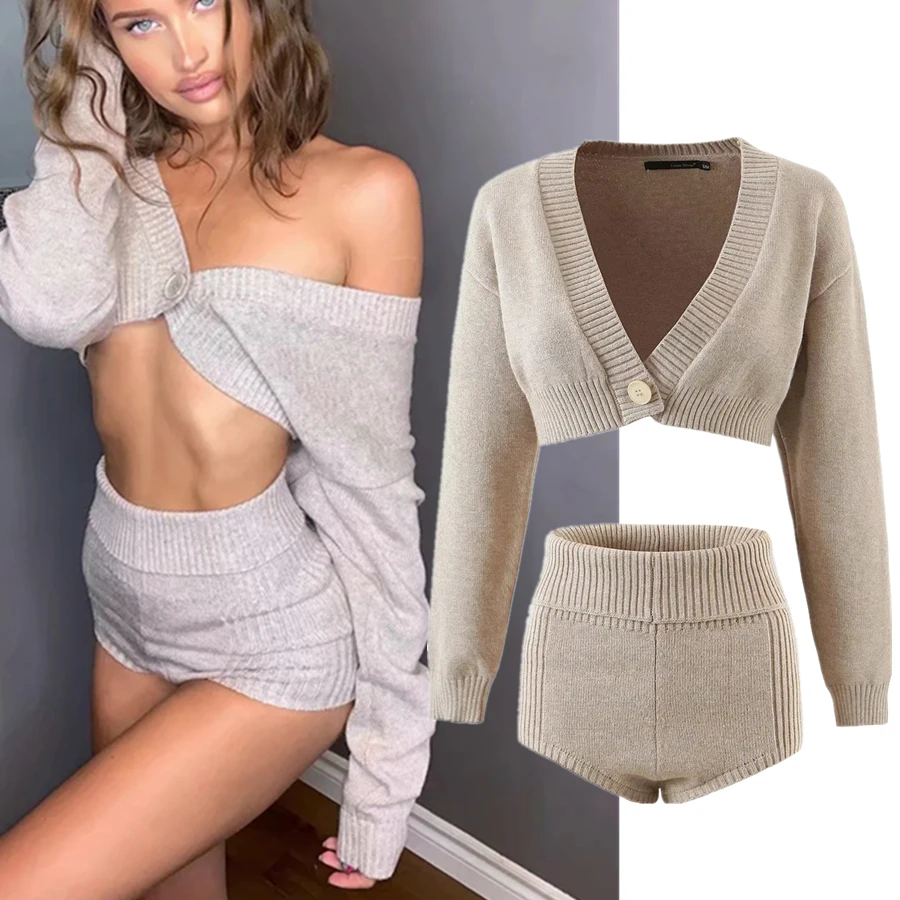 

Withered Ins Blogger Fashion Vintage Sexy Short Cardigan Sweaters Women Knitted Tops And Sexy Shorts women Knitted Bermuda Sets