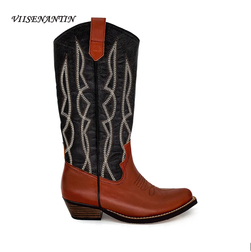 

Женские ковбойские сапоги с вышивкой, ботинки в стиле ретро, с заостренным носком, на высоком каблуке, в ковбойском стиле, Осень-зима
