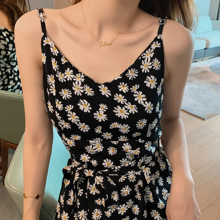 

Floral Daisy Chiffon Singlet Women Dress Summer Fashion Elegant female Long Dress for Women