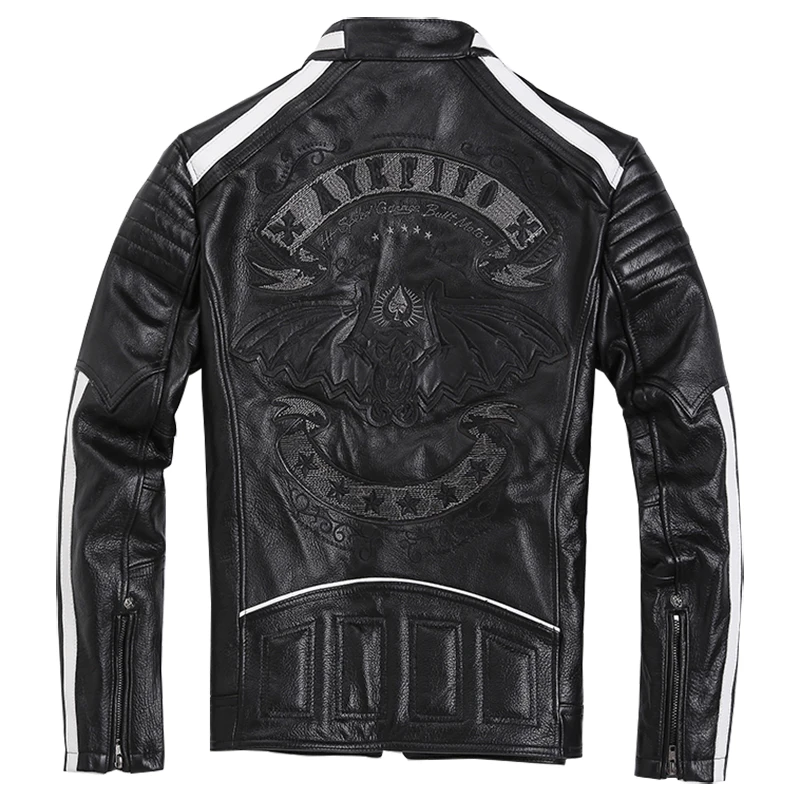 

Мужская кожаная куртка из воловьей кожи с вышивкой, белая полосатая куртка, тяжелая мотоциклетная мужская одежда