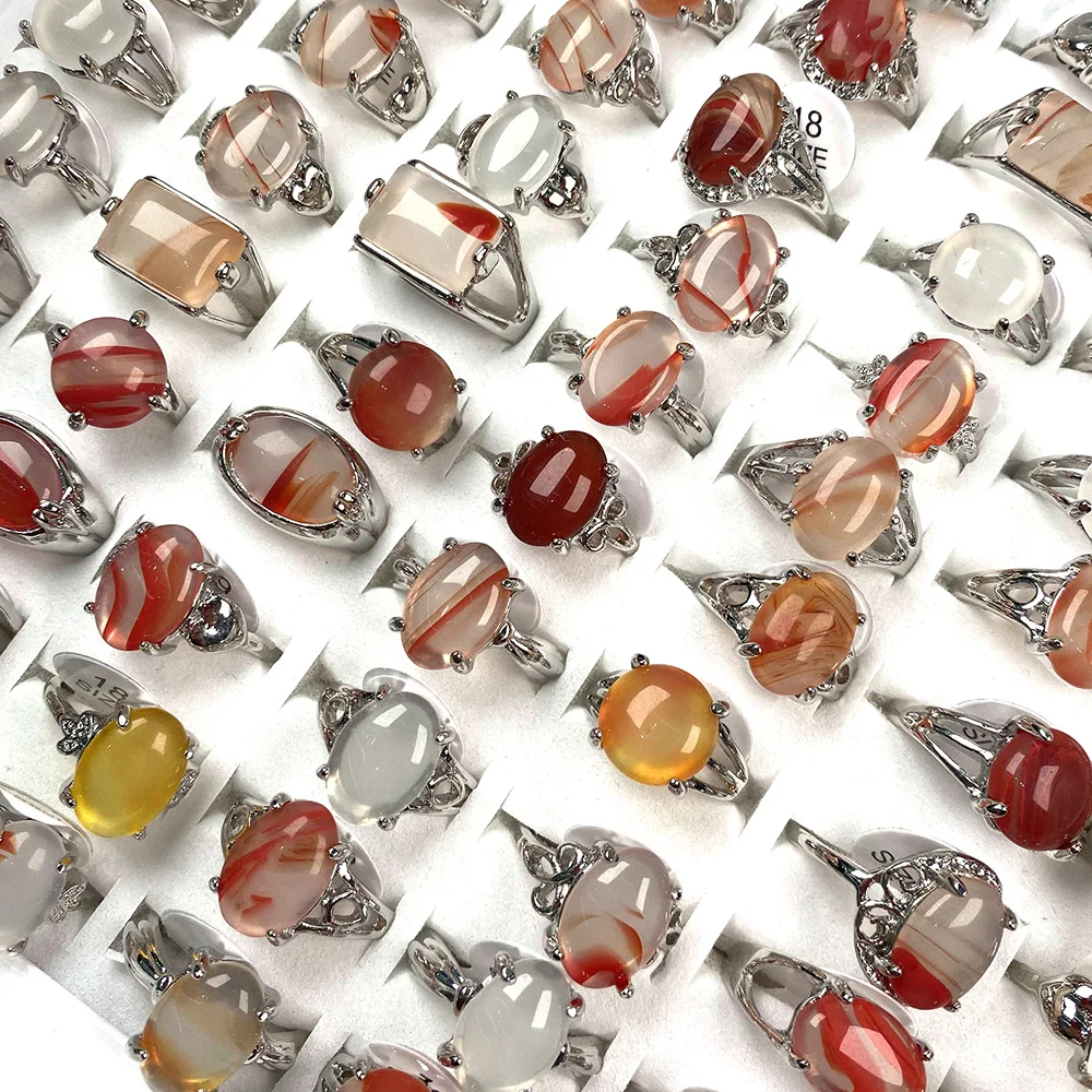 

20 Pcs / Lot Women's Rings Luxury Quality Natural Semi-Precious Agate Ring Mixed Styles for Jewelry Accessories Gift Wholesale