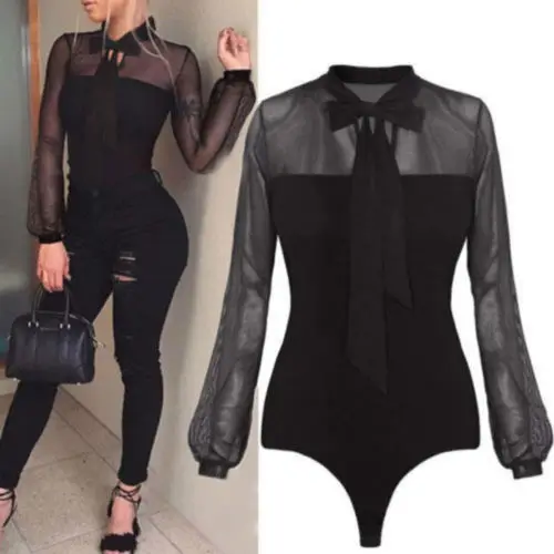 

Womens Long Sleeves Tulle Bodysuit Overalls Female Body Party Leotard Black Tops Jumpsuit Patchwork Sleeveless Jumpsuit