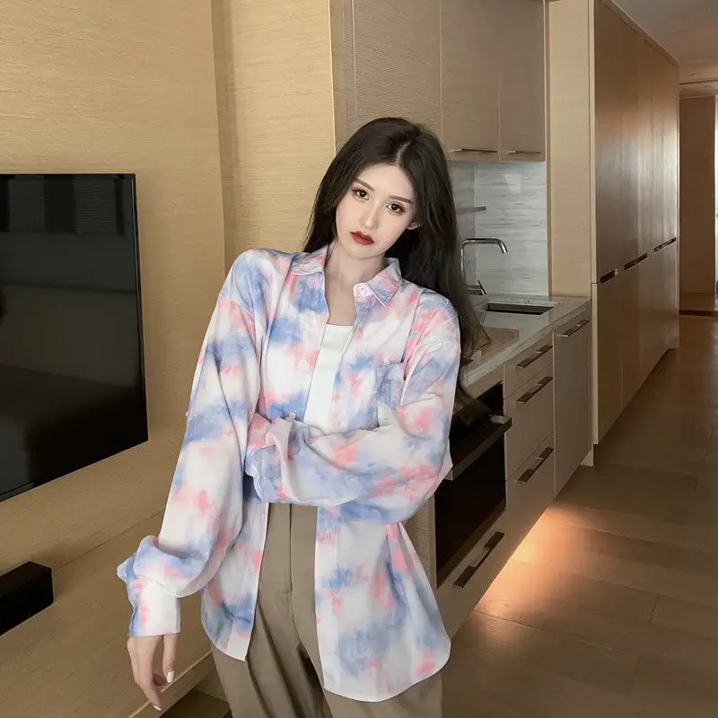 

Zadily 2021 Summer Women Long Sleeve Turn-down Collar Shirts Casual Style Tie Dye Shirts Fashion Chiffon Clothes