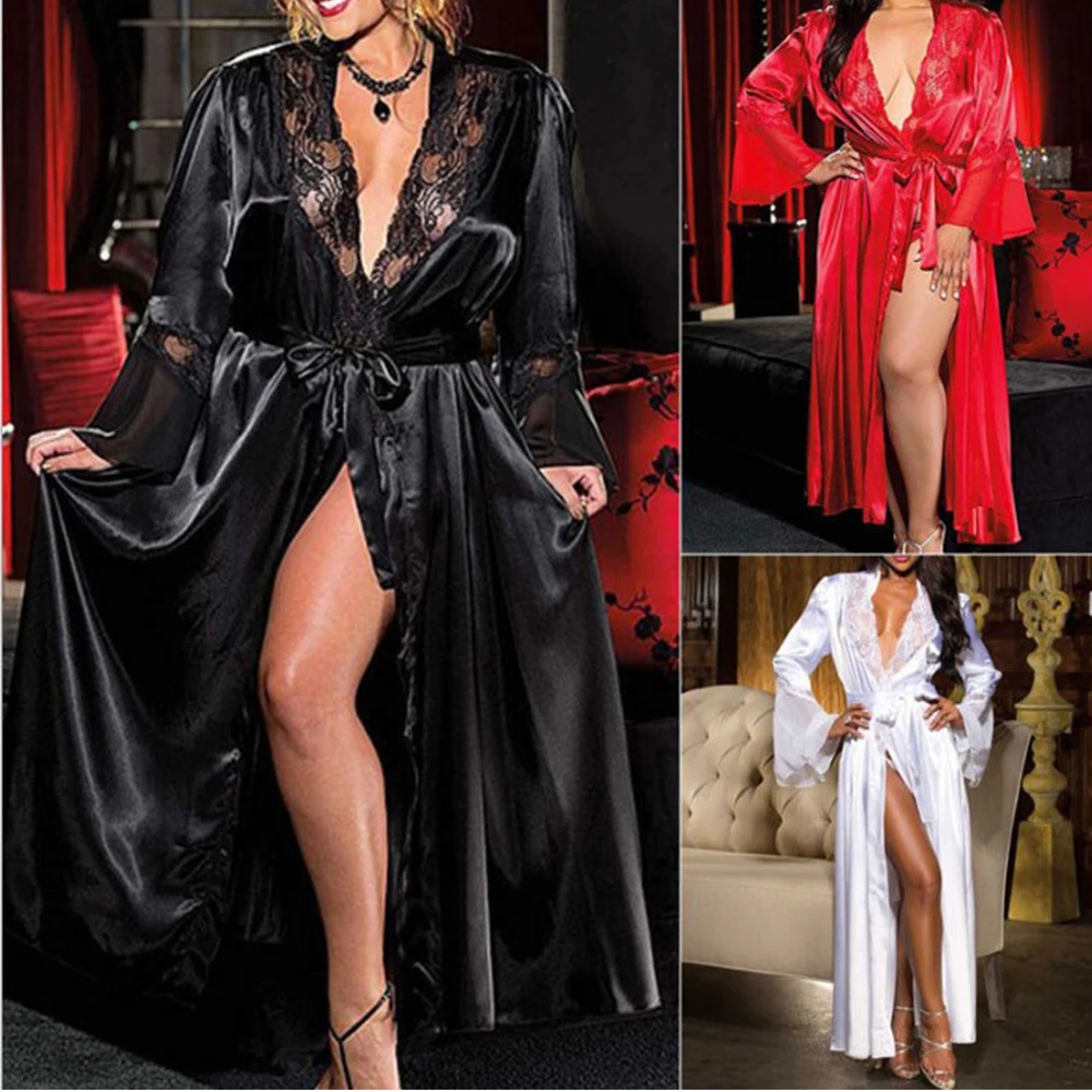 

Womens Nightdress Sexy Long LaceLingerie Bath Robe Gown Imitation Ice Silk Nightdress Solid Color Nightgown Nightwear