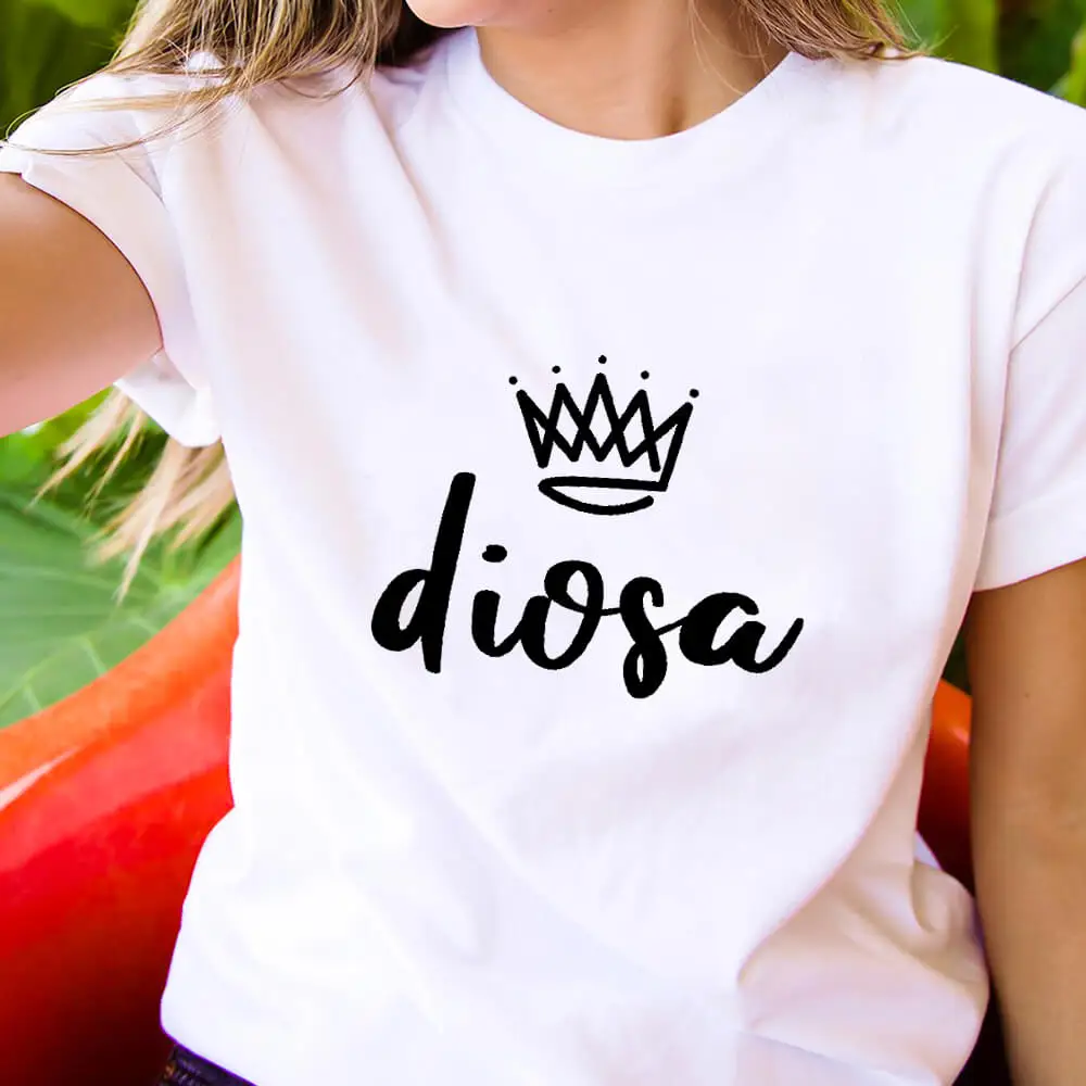 

Diosa 100% хлопок печатных для женщин футболки со смешным Латина Мощность летняя футболка испанская повседневная одежда с О-образным вырезом, т...