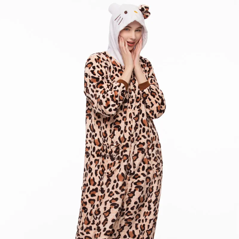 Cute Cartoon Kigurumi Bow Cat Pajamas Long Sleeve Hooded Onesie Adult Women Animal Halloween Christmas Sleepwear