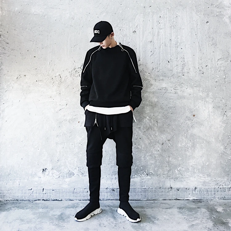 

Men autumn zipper sleeves hip hop hoodie casual crewneck sweatshirt women off shoulder sexy hoody nightclub singer stage moletom