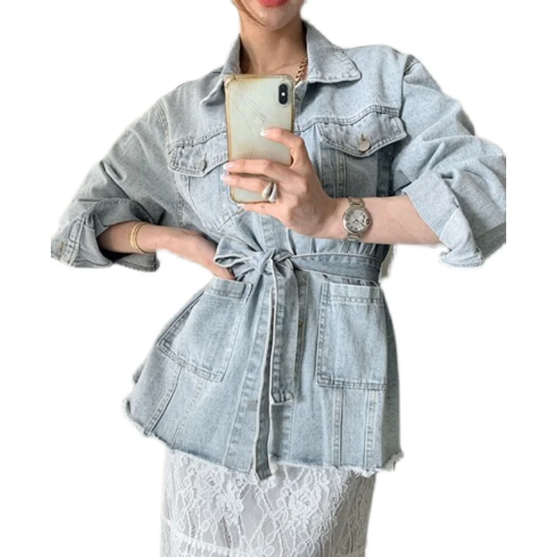

SuperAen 2021 New Turn Down Collar Full Sashes Denim Shirt Women Jacket