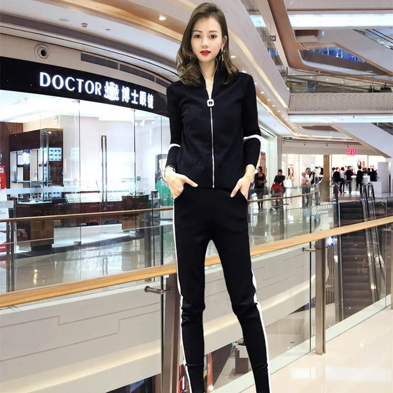 Picture color Трикотаж высокого качества, спортивная одежда, комплект из 2 предметов, изящный вязаный свитер с длинными рукавами на молнии, пальто+ эластичный пояс, тонкий набор длинных брюк - Цвет: Picture color
