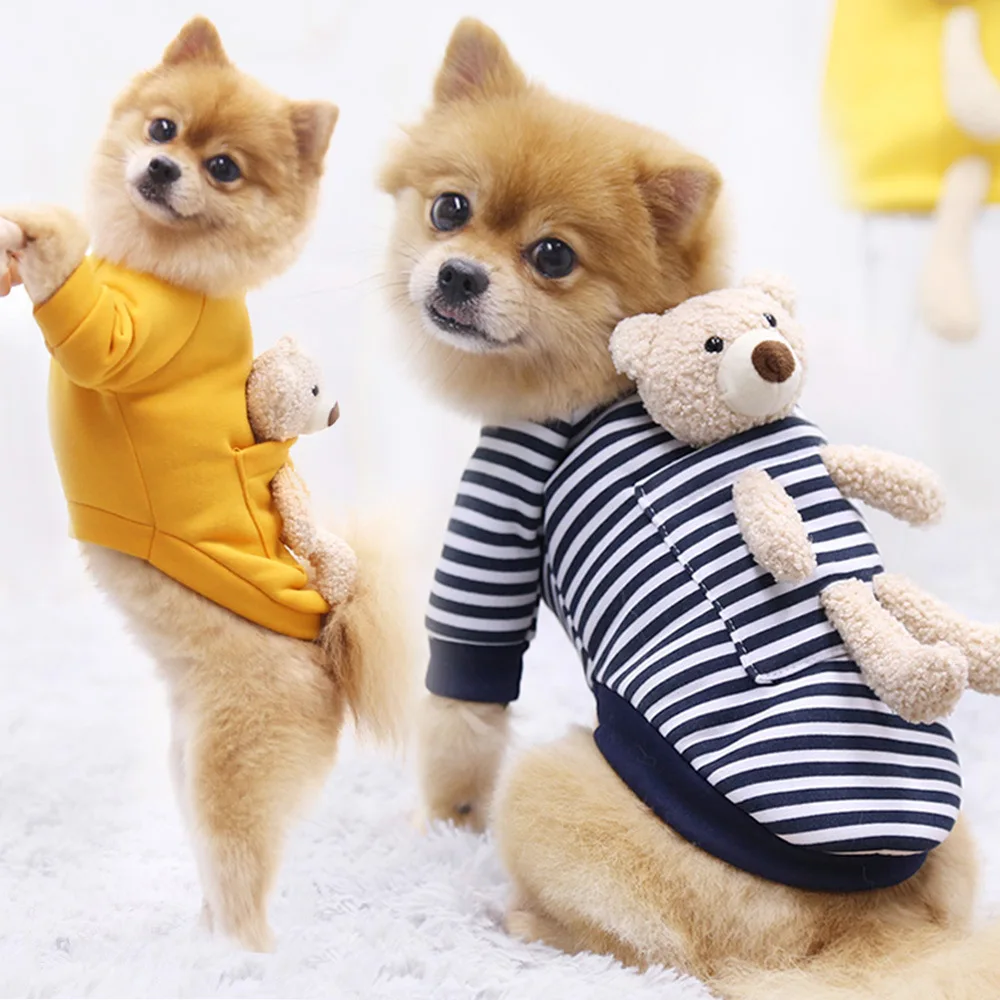 

Bear Suit Stripe Outfit Dog Clothes Soft Fleece Hoodie Cat Jacket for Small Medium Pets Costume Detachable Doll Winter Warm