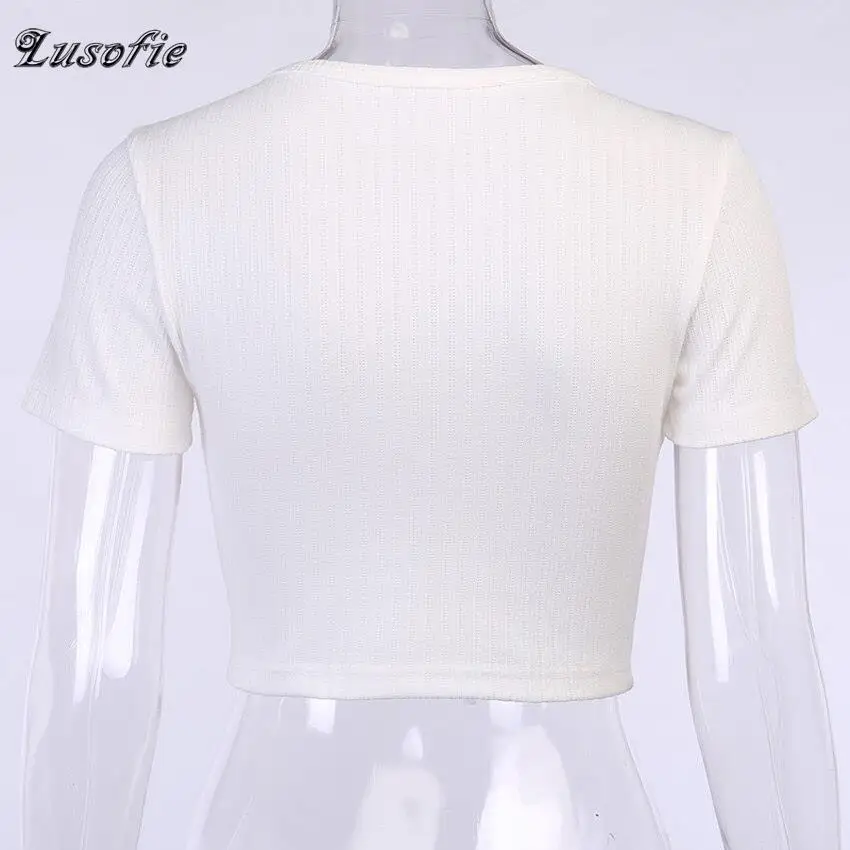 

Lusofie Button Sexy White tops Round Neck Short Sleeve Ladies T-shirt Slim Solid Summer Top Daily Office Streetwear Casual Tee