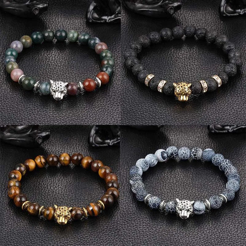 

Мужская голова леопарда драгоценный камень Лава камень натуральный бисерный исцеляющий камень браслет ювелирные изделия подвески