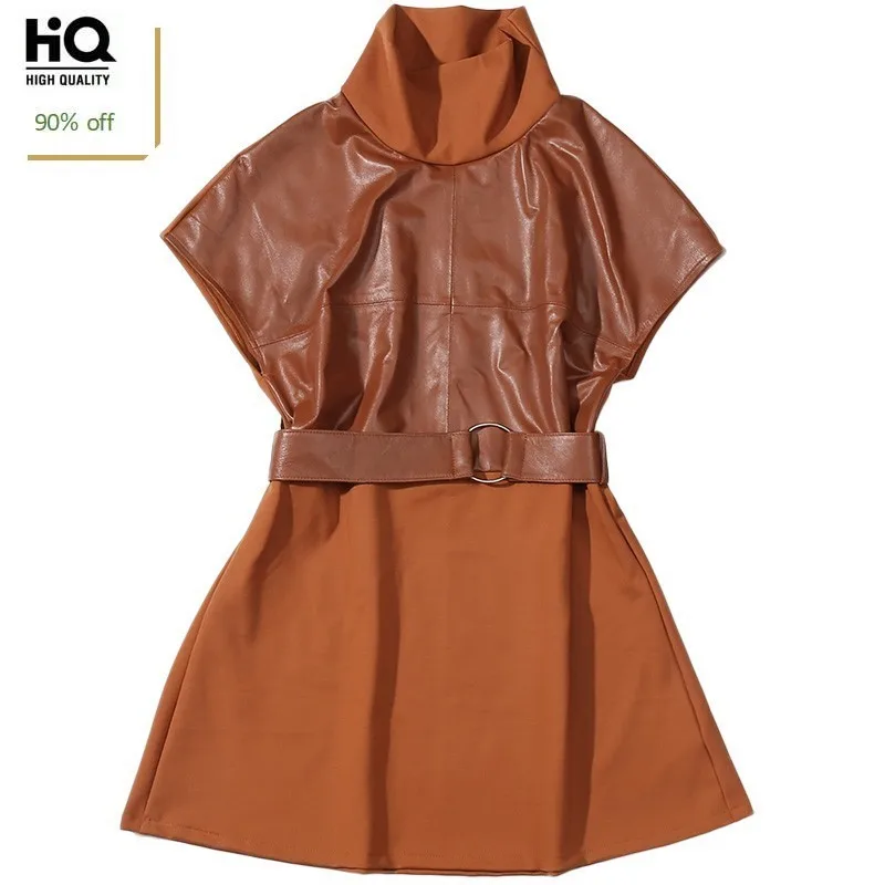 Новое поступление 2020 женское платье из натуральной кожи с коротким рукавом и