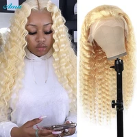 13x4 613 deep wave frontal wig human hair wigs honey blonde lace front wig for women pre plucked brazilian remy 150 density
