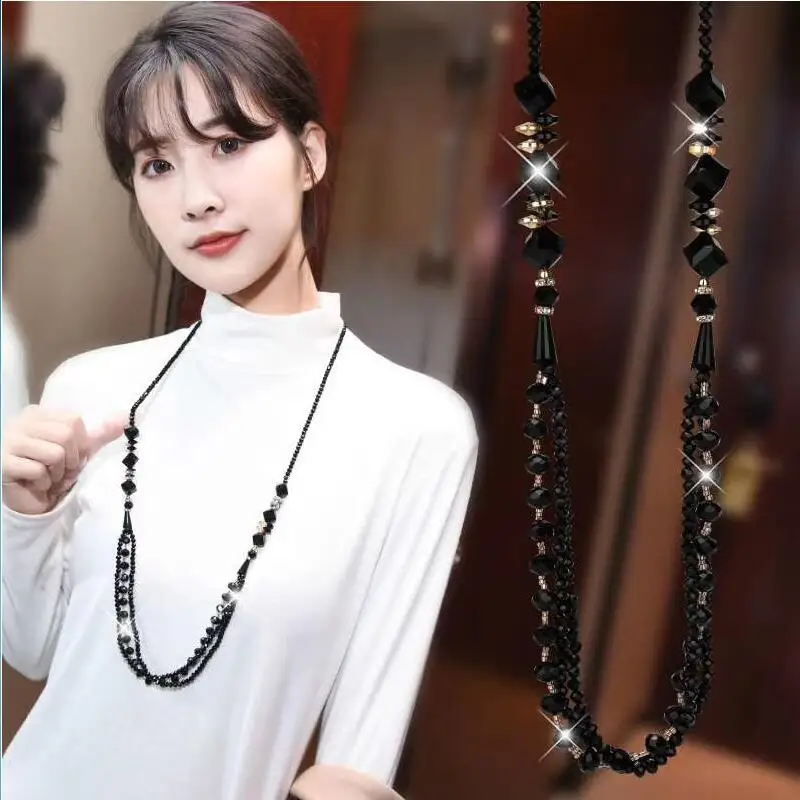 

Heeda Japan Korean Graceful Layers Crystal Beads Necklace Women Fashion Joker Long Sweater Chain Luxury Purple Jewelry Femme