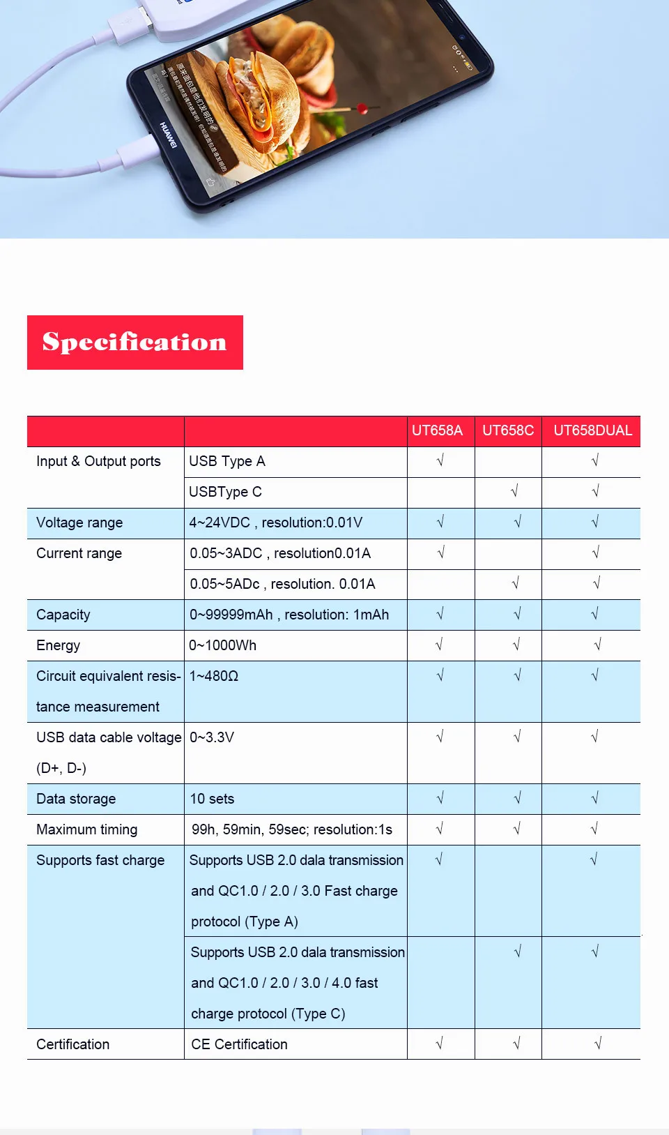 USB тестер UNI-T UT658A/C/двойной Напряжение и ток мониторы вольт ампер цифровой продукт зарядное устройство Емкость метр с хранения данных