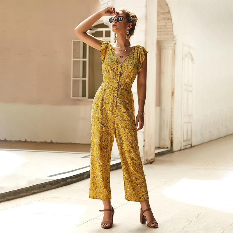 Женский шифоновый комбинезон с цветочным принтом и пуговицами укороченные брюки