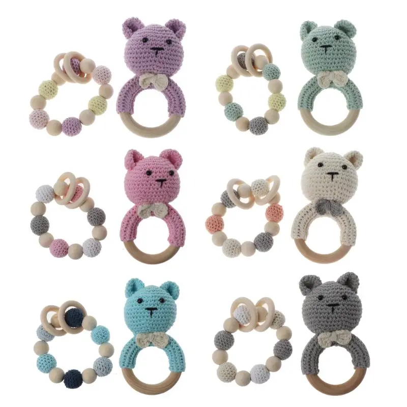 

OOTDTY Baby Wooden Teether Bracelet Set Crochet Animal Teething Rattle Ring Chewing Toy