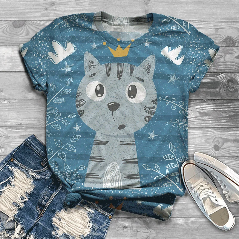 

2021 cute rose flower and cat tiger graphic original multi-style Harajuku ladies T-shirt fashion trend printing fashion fun