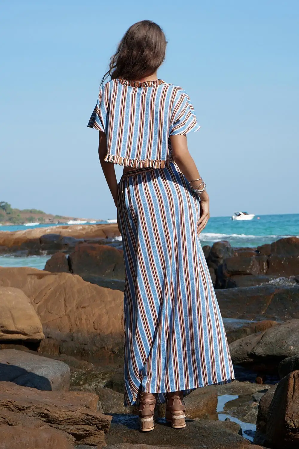 

2019 New African Women's Dress Spring Autumn Striped Ruffled Loose Short Paragraph Navel Two-piece Casual Wear
