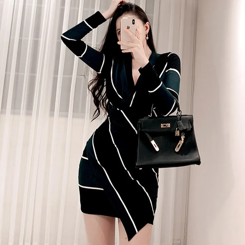 

2020 spring autumn new women's dress Korean OL temperament V-neck fold stitching stripe slim fit package hip bottoming dress