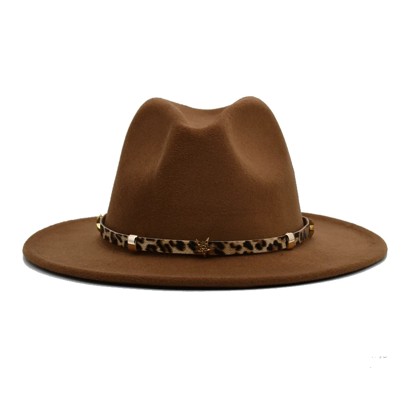 

New Fashion Women Fedoras Hat Men Vintage Large Brim Jazz Hats Spring Khaki Leopard Decorative Belt Casual Hat F3