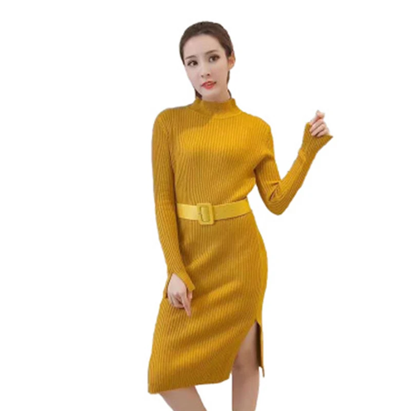 Женское облегающее платье миди вязаное корейское Деловое с высоким воротником и
