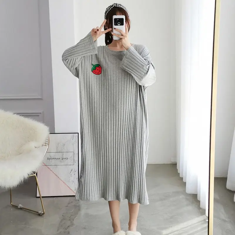 

Women Cute Solid Color Sleepwear Cotton Round Neck Long Sleeve Nightdress Lingerie Cartoon Print Home Clothing Hot