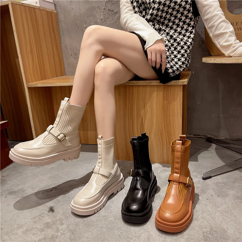 

HOUZHOU Woman Autumn Platform Sock Boots Mid Calf Harajuku Shoes Chunky Rubber Punk Gothic Style Leather Chelsea