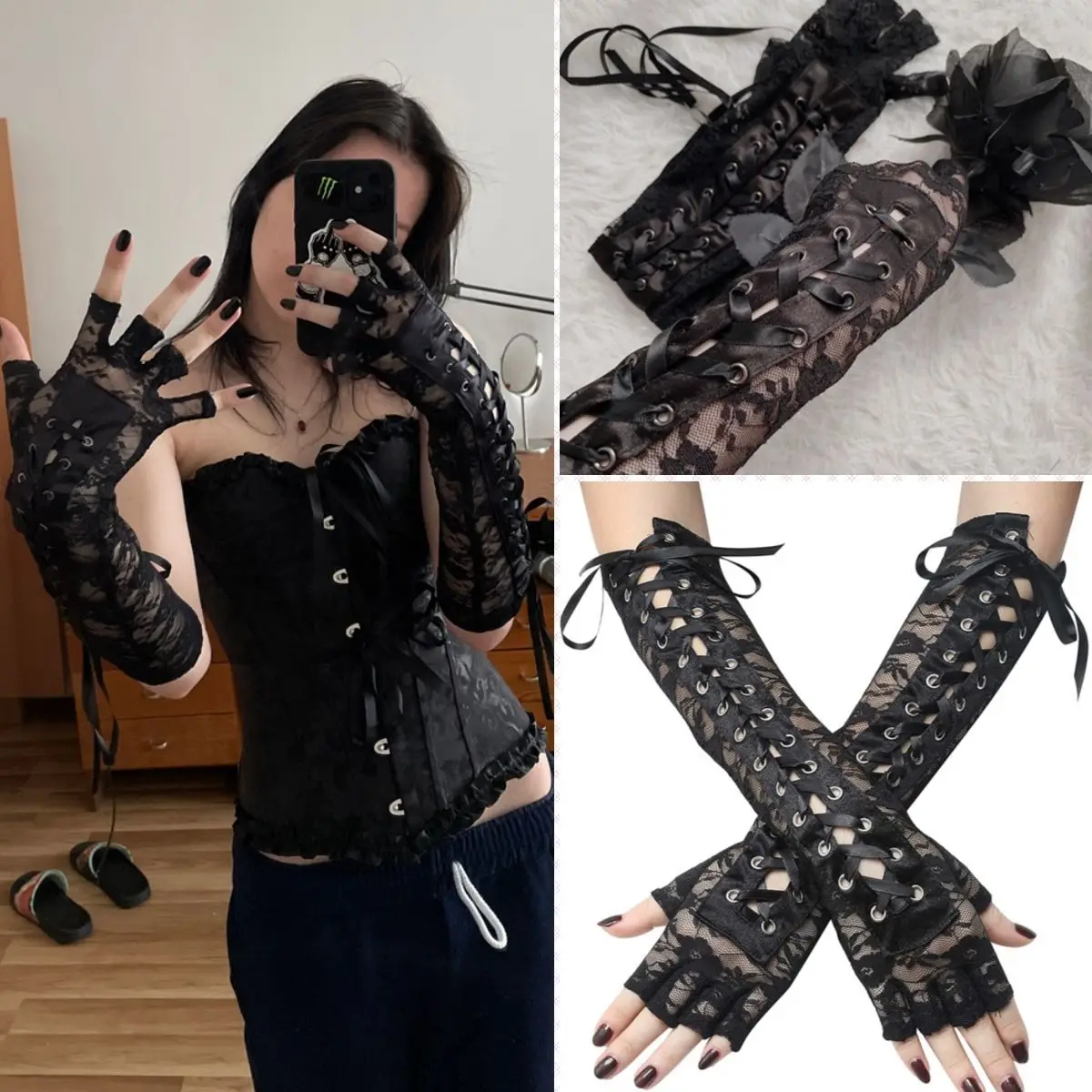 Женские сексуальные перчатки до локтя в стиле панк без пальцев Goth Black Misa Amane