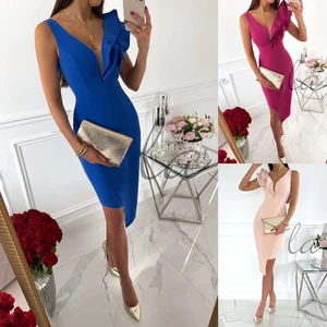 Sexy Evening Womens Midi Dress Party Ruffle V-neck Sleeveless Bandage Red Dresses Female Elegant Office Fashion Clothes Ladies