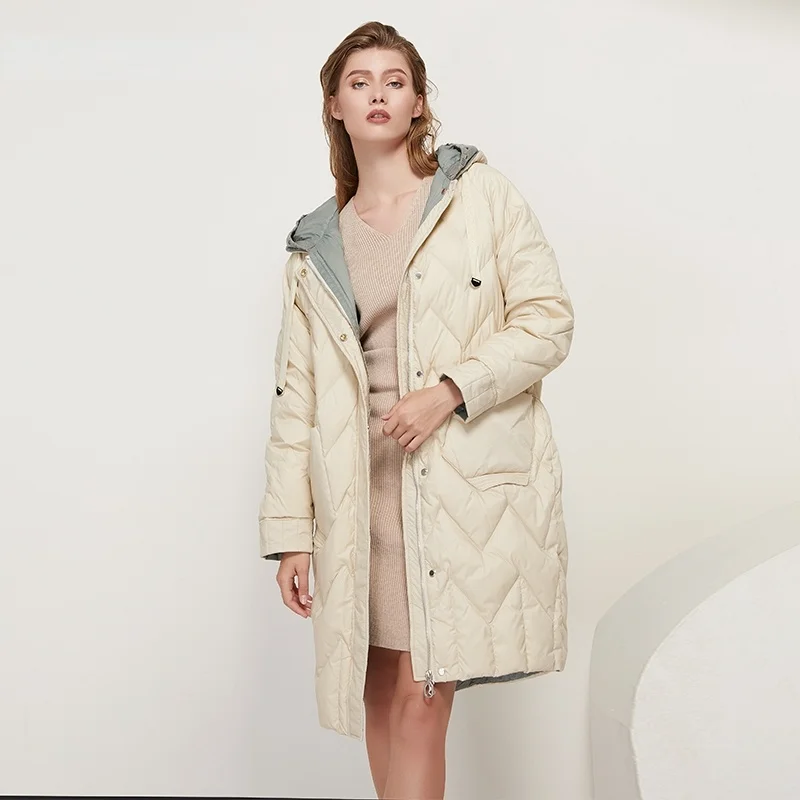 

2021 Winter Thick Warm Knit Patchwork Coat Women Lady Hooded Long Puffer Jacket Long Sleeve Casual White Duck