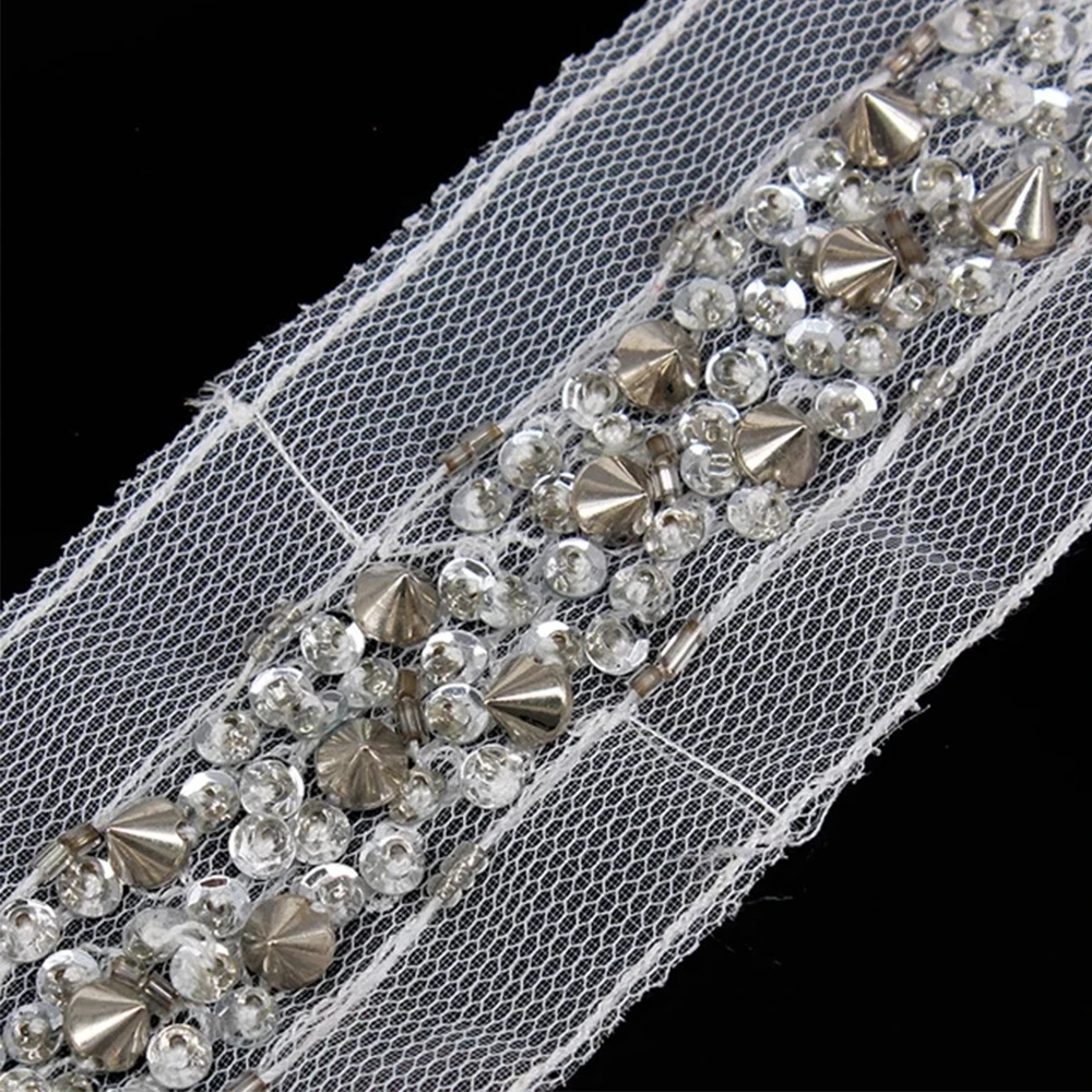1yard Braided Beaded Sequin Rivets Trim Rhinestones Lace Ribbon Applique Decorated Bridal Dress Sewing Accessories T1555 | Дом и сад
