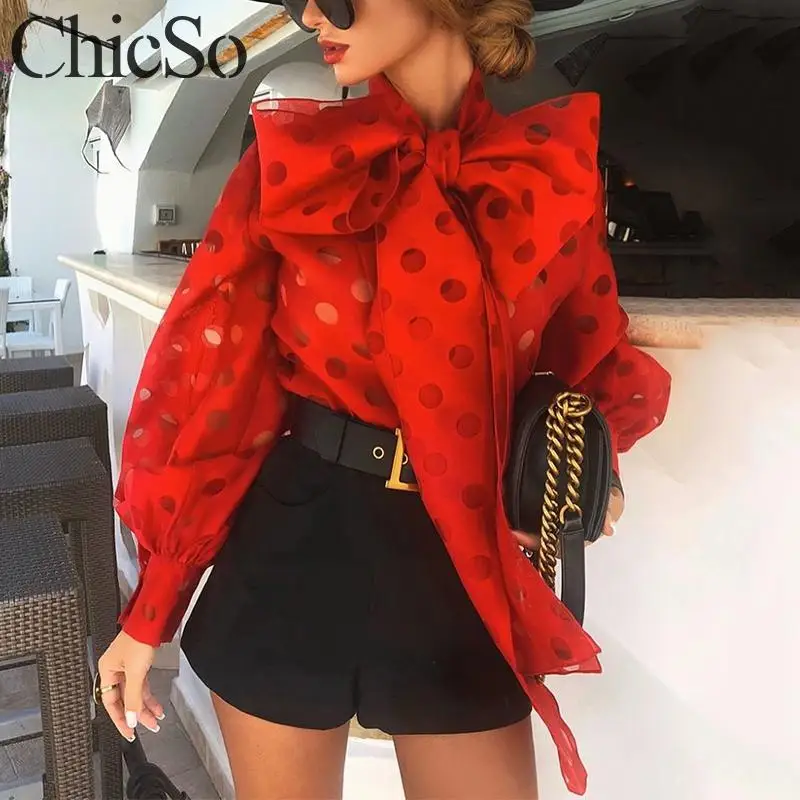 Женская офисная блузка MissyChilli белая в горошек с бантом сетчатый топ рукавами