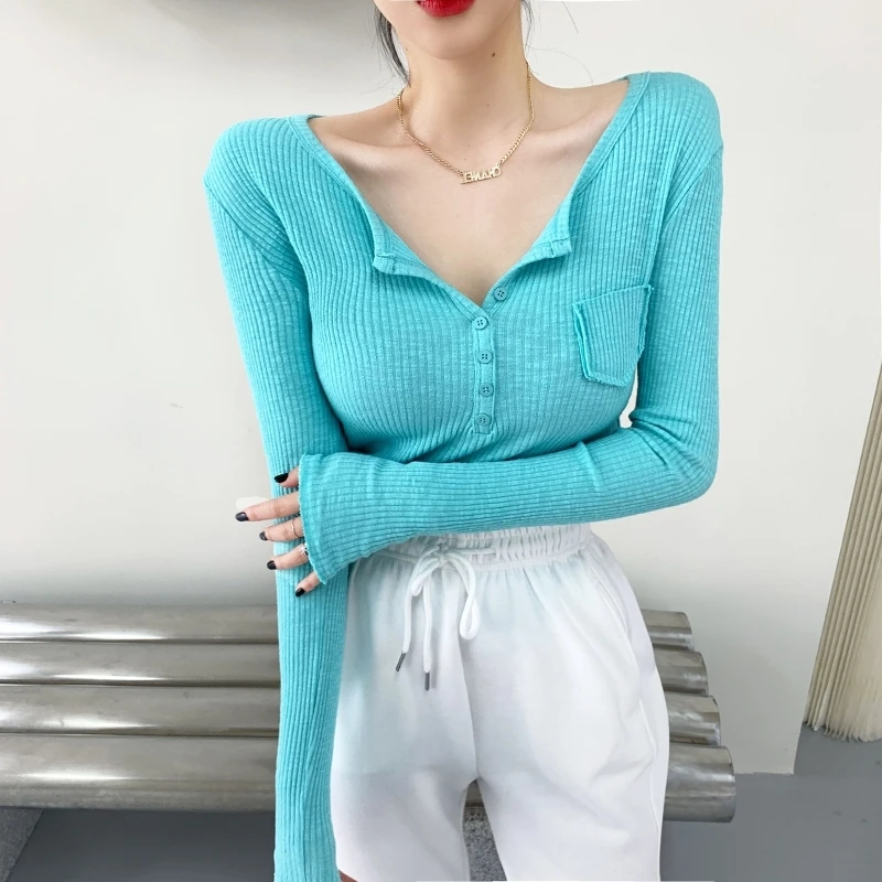 

Новинка 2021, летняя футболка, Женская эластичная футболка оверсайз, женская одежда, женские топы, Женский Топ с длинным рукавом, вязаная футб...