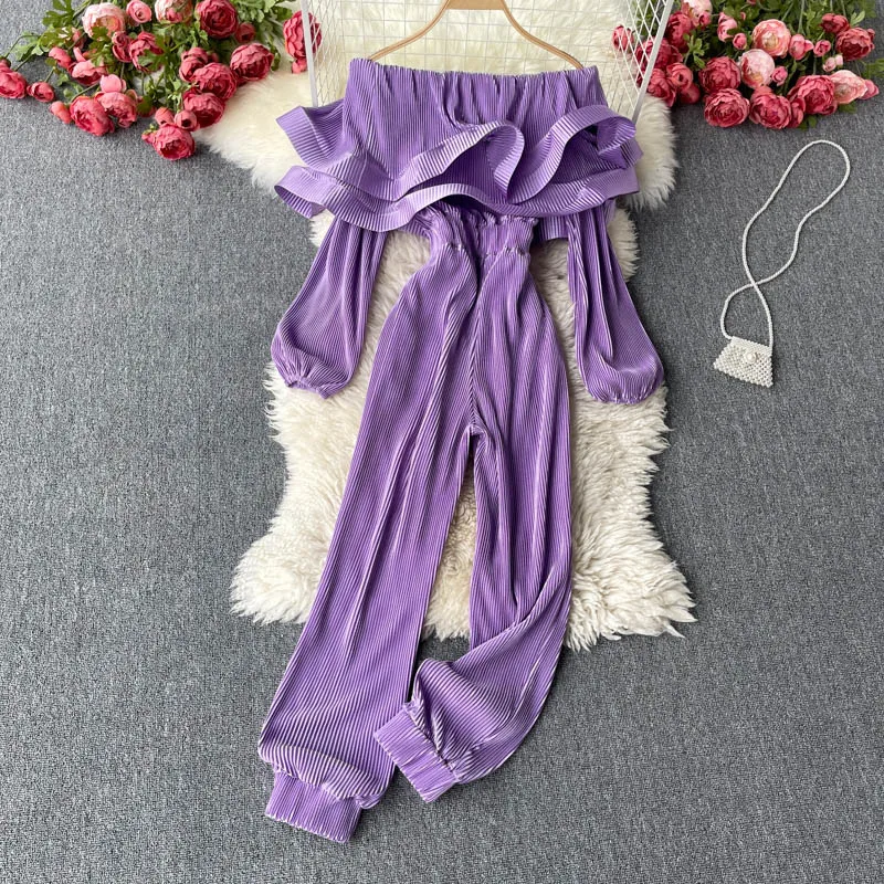 

European and American design sense ruffled collar strapless puff sleeve slim long jumpsuit women