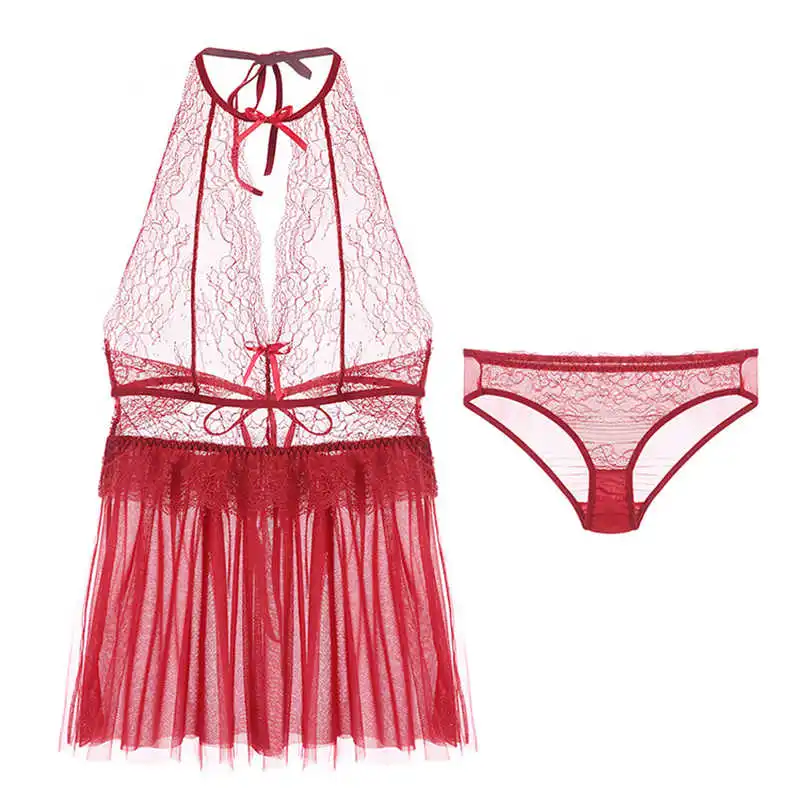 

Sexy Evening Wear Sexy Night Gowns With Thong Sets Halter Backless Mesh Lace Fabric Wedding Use Young Girl New