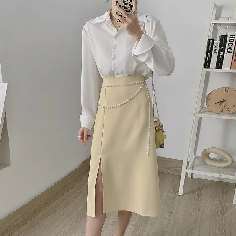 

Lauri Laki A-line Straight Skirt Elegant Women Midi Office Lady OL Vintage Solid High Waist Long Skirt With Chain Autumn 2021