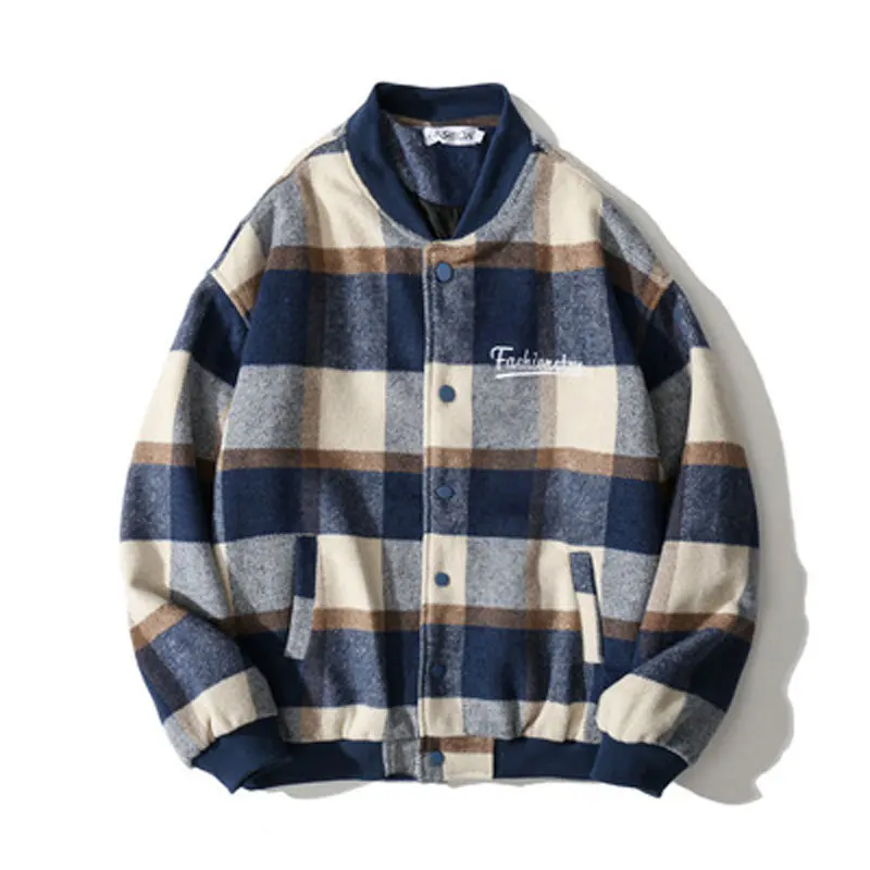

Куртка мужская шерстяная в клетку, свободная бейсбольная униформа в японском стиле ретро, пар, пар, повседневная с воротником-стойкой, осень...