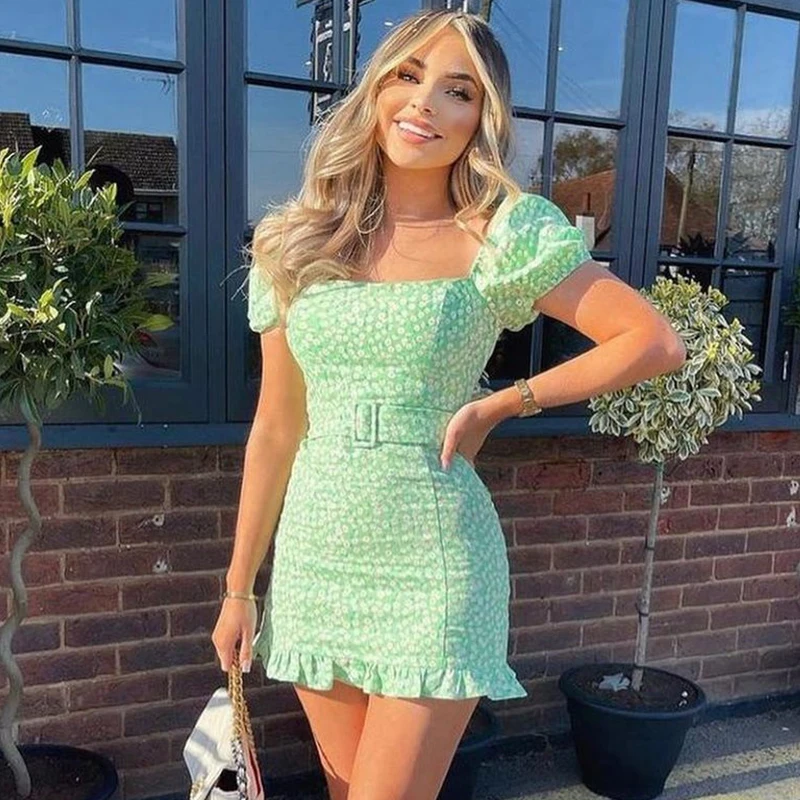 

Foridol из хлопка и льна зеленый Цветочный принт в богемном стиле; Сезон лето-осень платье для женщин с поясом вечерние платья с коротким рукаво...