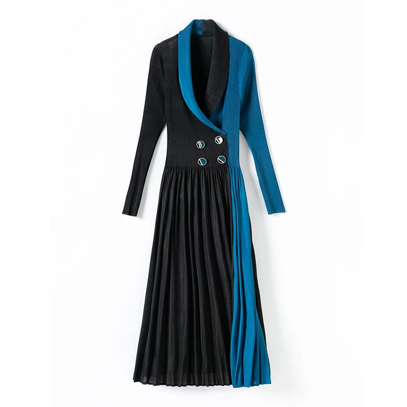 

Spring New Pleated Dress High Waist Slim Double Breasted Temperament Maxi Dresses Women Plus Size Clothes Blue Green Khaki